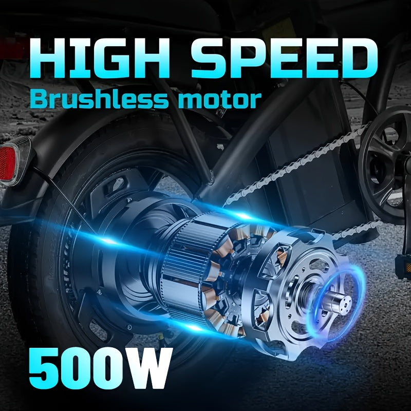 High-Performance Adult Electric Bicycle, Portable Design with a Foldable Feature, Equipped with a 500W Motor And a 48V 10Ah Battery, Reaching Speeds of 19.9 Miles Per Hour, Dual Disc Brakes, And a 14-Inch Electric Bike with Pedals