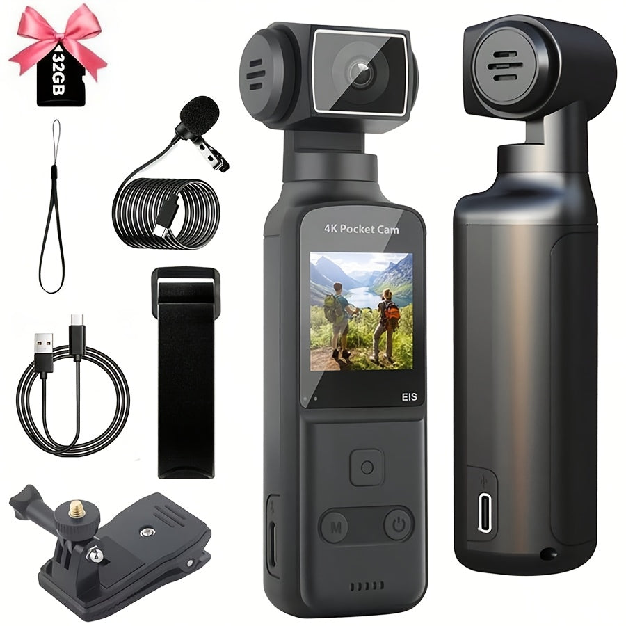 1pc 4K Action Camera, Camcorder, Live Camera, Pocket Camera 270 Degree Rotary Lens Portable Outdoor Cycling HD USB Rechargeable 270 Degree Rotary Camera, 1.33 \