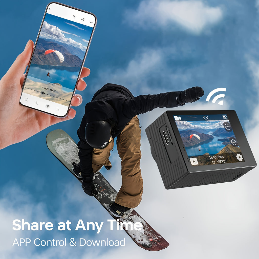5K 30FPS Action Camera with EIS, Sports Camera, Includes 2 Batteries And a Remote Control, Black. Pre-Recording Wifi Camera with a 170° Field of View, Remote-Controlled Sports Cameras with Helmet Mount Accessory Kits