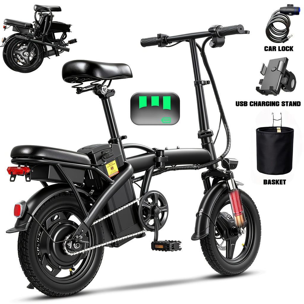 High-Performance Adult Electric Bicycle, Portable Design with a Foldable Feature, Equipped with a 500W Motor And a 48V 10Ah Battery, Reaching Speeds of 19.9 Miles Per Hour, Dual Disc Brakes, And a 14-Inch Electric Bike with Pedals
