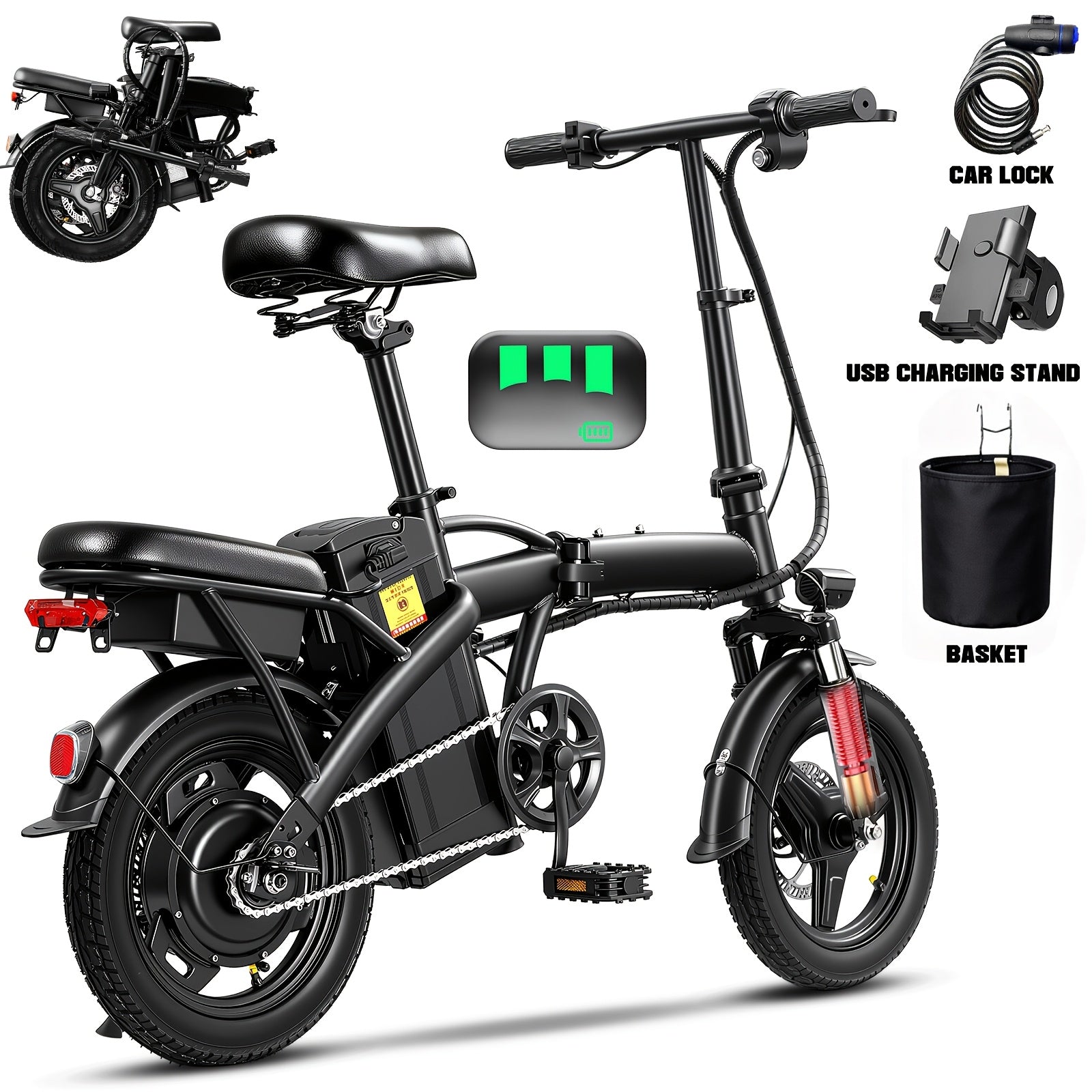 High-Performance Adult Electric Bicycle, Portable Design with a Foldable Feature, Equipped with a 500W Motor And a 48V 10Ah Battery, Reaching Speeds of 19.9 Miles Per Hour, Dual Disc Brakes, And a 14-Inch Electric Bike with Pedals