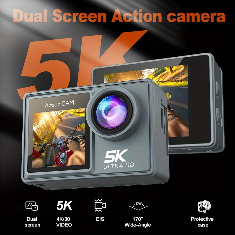 This Is a 5K Ultra HD Action Camera Featuring a 170° Wide-Angle Lens, Dual Screens on The Front And Back, Capable of Capturing 5K Video at 30 Frames Per Second, with 24 Megapixels, Image Stabilization, 4X Zoom, Automatic Photo Capture