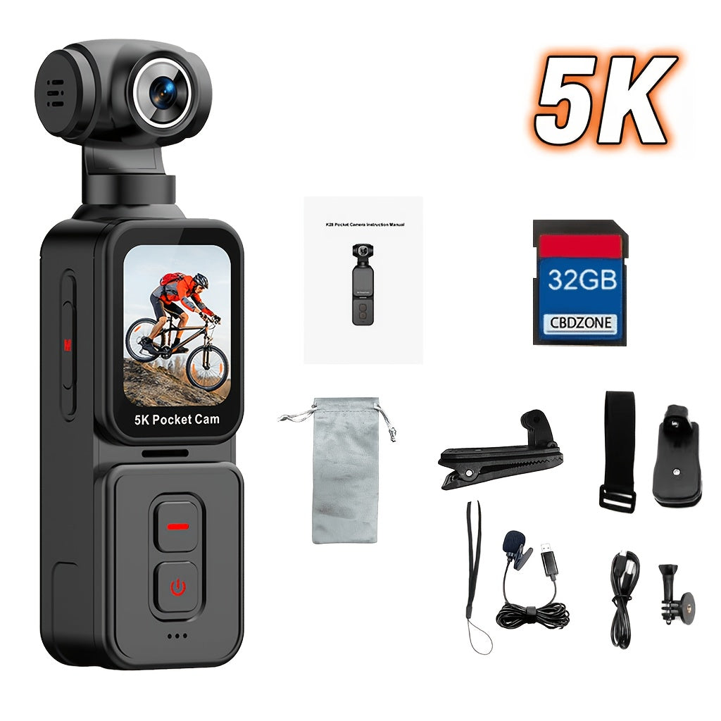 5K Ultra HD Handheld Sports Camera | 270° Flexible Tracking, Wide-Angle Lens, 1.69-Inch IPS Screen, Vertical And Horizontal Rotation, 100 Minutes of Battery Life, Includes 32G Memory Card | Ideal for Vlogging, Creative Shots, And Daily Recording