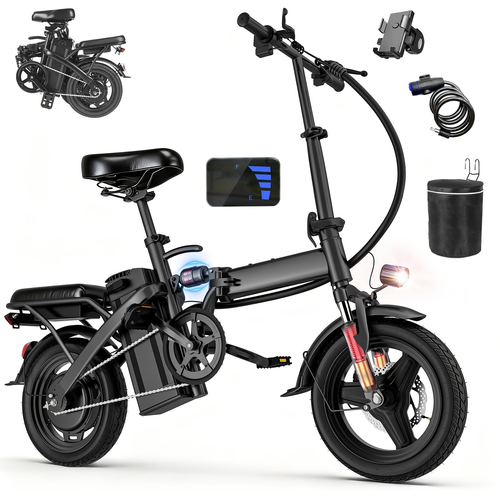 High-Performance Adult Electric Bicycle, Portable Design with a Foldable Feature, Equipped with a 500W Motor And a 48V 10Ah Battery, Reaching Speeds of 19.9 Miles Per Hour, Dual Disc Brakes, And a 14-Inch Electric Bike with Pedals
