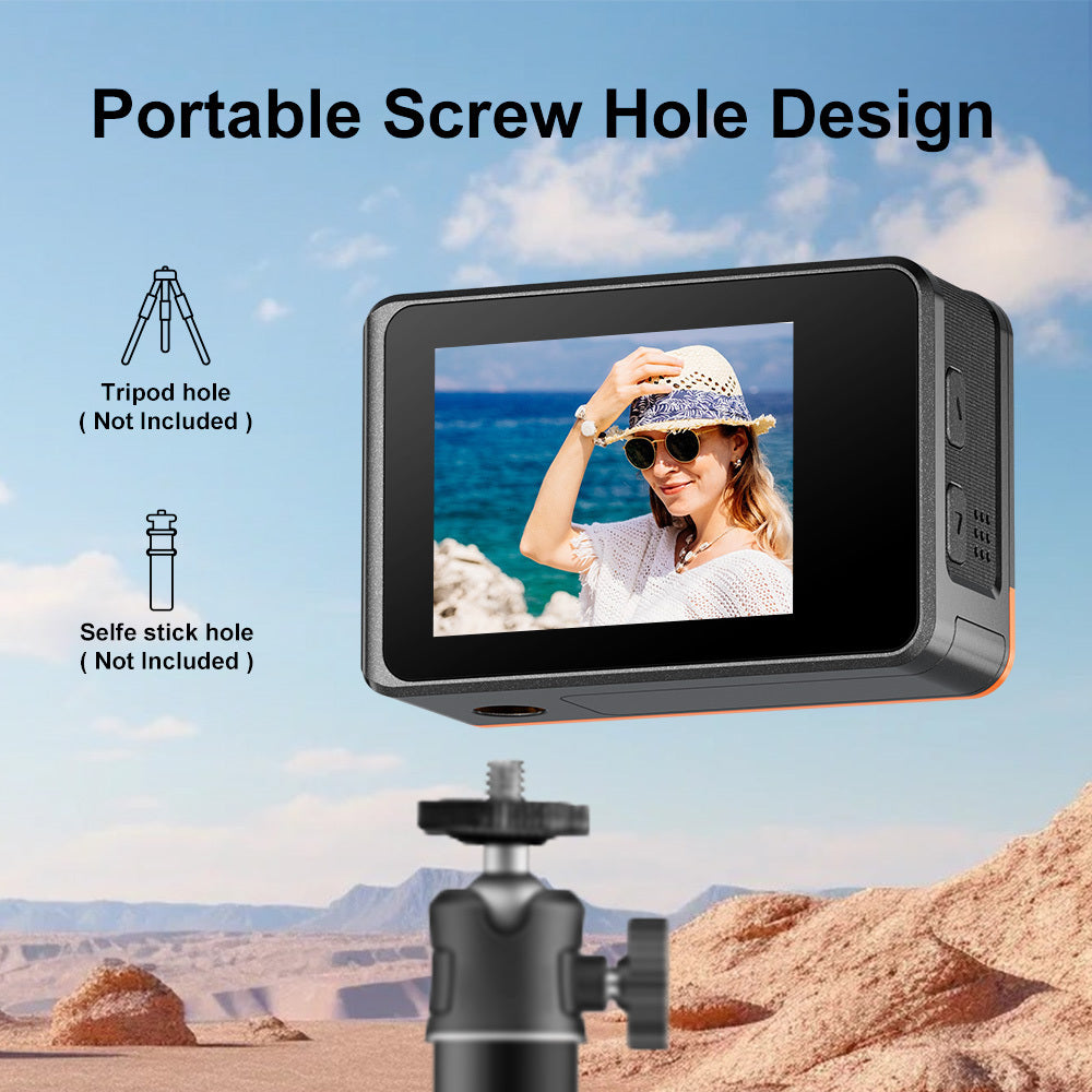 HD Action Camera 4K Ultra HD Camera, 170° Wide-Angle Lens, Dual Screens on Front And Back, 5K + 30 FPS + 24 MP + Image Stabilization, 4X Zoom, Auto Photo Capture, Burst Mode, And Timer Shooting. Ideal for Climbing And Biking, Without Battery