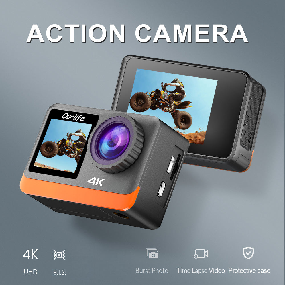 HD Action Camera 4K Ultra HD Camera, 170° Wide-Angle Lens, Dual Screens on Front And Back, 5K + 30 FPS + 24 MP + Image Stabilization, 4X Zoom, Auto Photo Capture, Burst Mode, And Timer Shooting. Ideal for Climbing And Biking, Without Battery