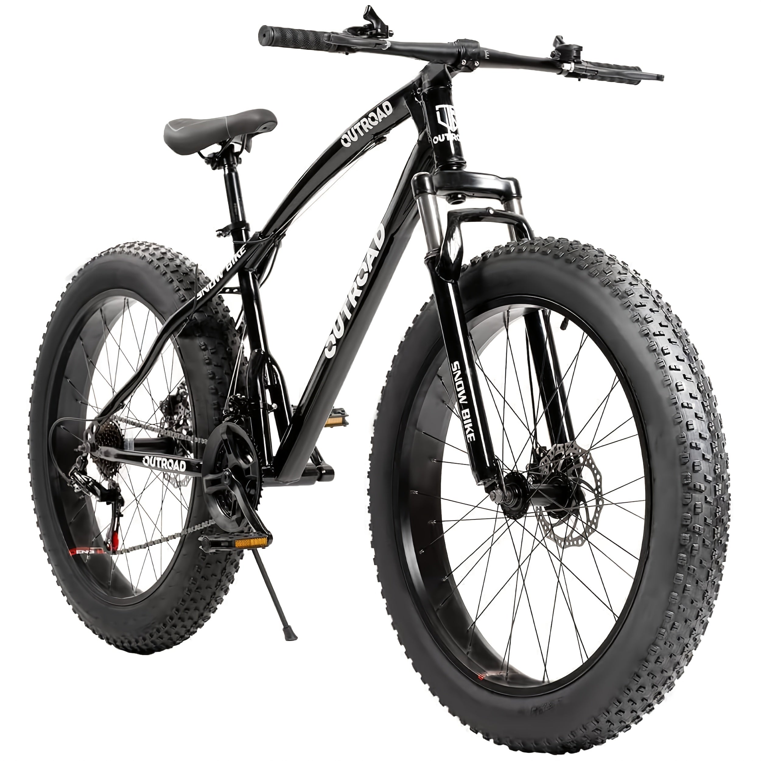 26-Inch Wheeled Fat Tire Mountain Bike Featuring a 21-Speed System, Constructed with a High Carbon Steel Frame, Equipped with Double Disc Brakes And Front Suspension for Enhanced Grip