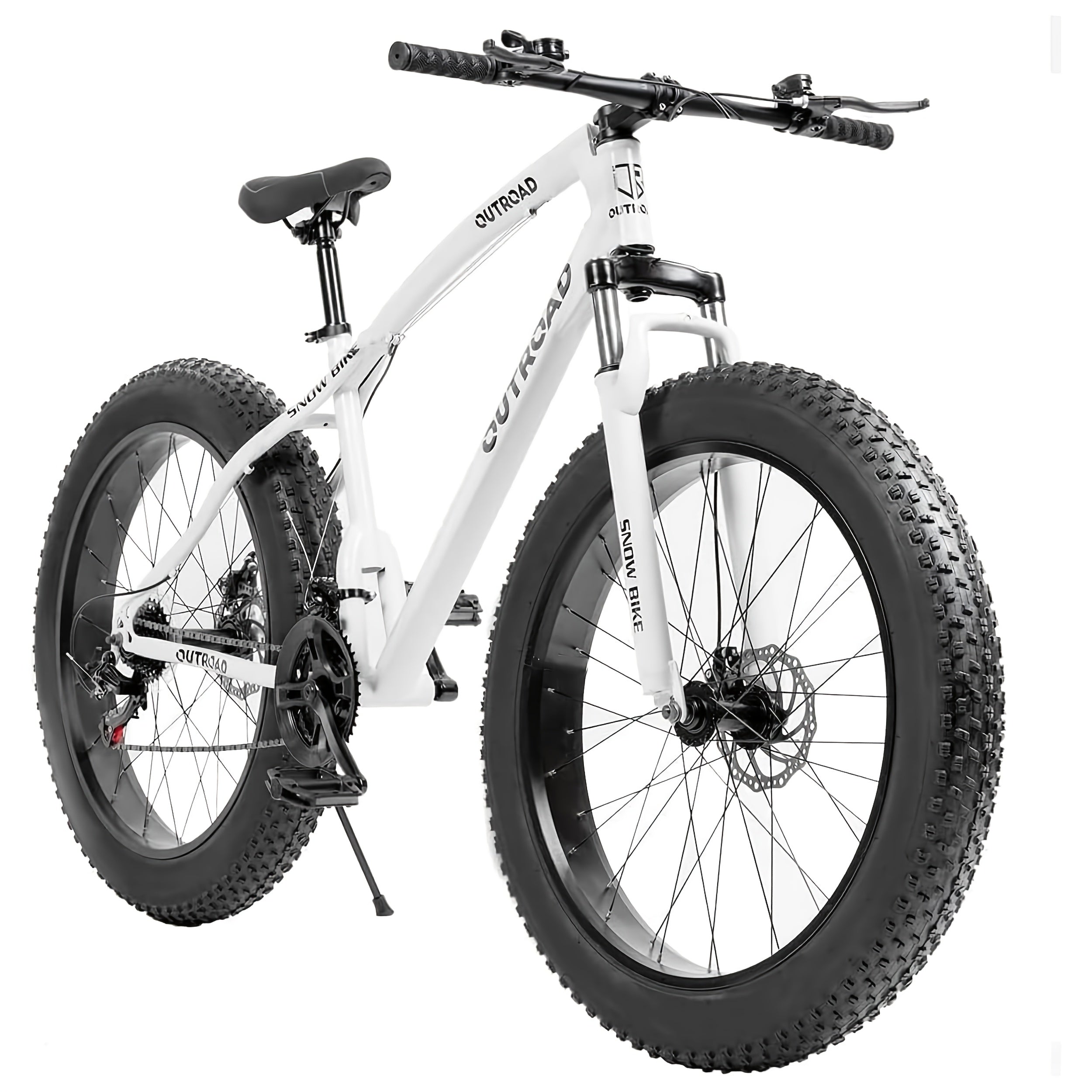 26-Inch Wheeled Fat Tire Mountain Bike Featuring a 21-Speed System, Constructed with a High Carbon Steel Frame, Equipped with Double Disc Brakes And Front Suspension for Enhanced Grip