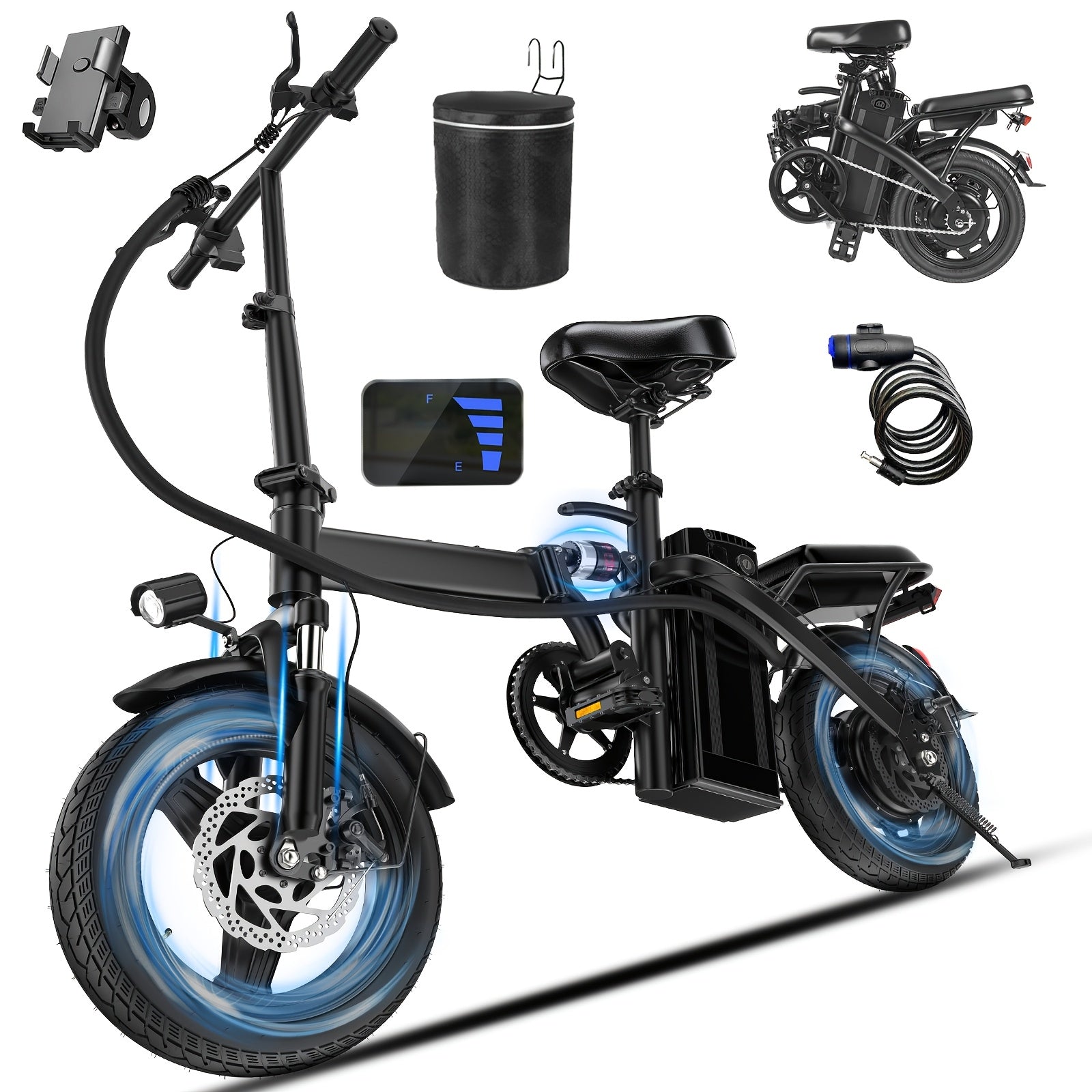 High-Performance Adult Electric Bicycle, Portable Design with a Foldable Feature, Equipped with a 500W Motor And a 48V 10Ah Battery, Reaching Speeds of 19.9 Miles Per Hour, Dual Disc Brakes, And a 14-Inch Electric Bike with Pedals