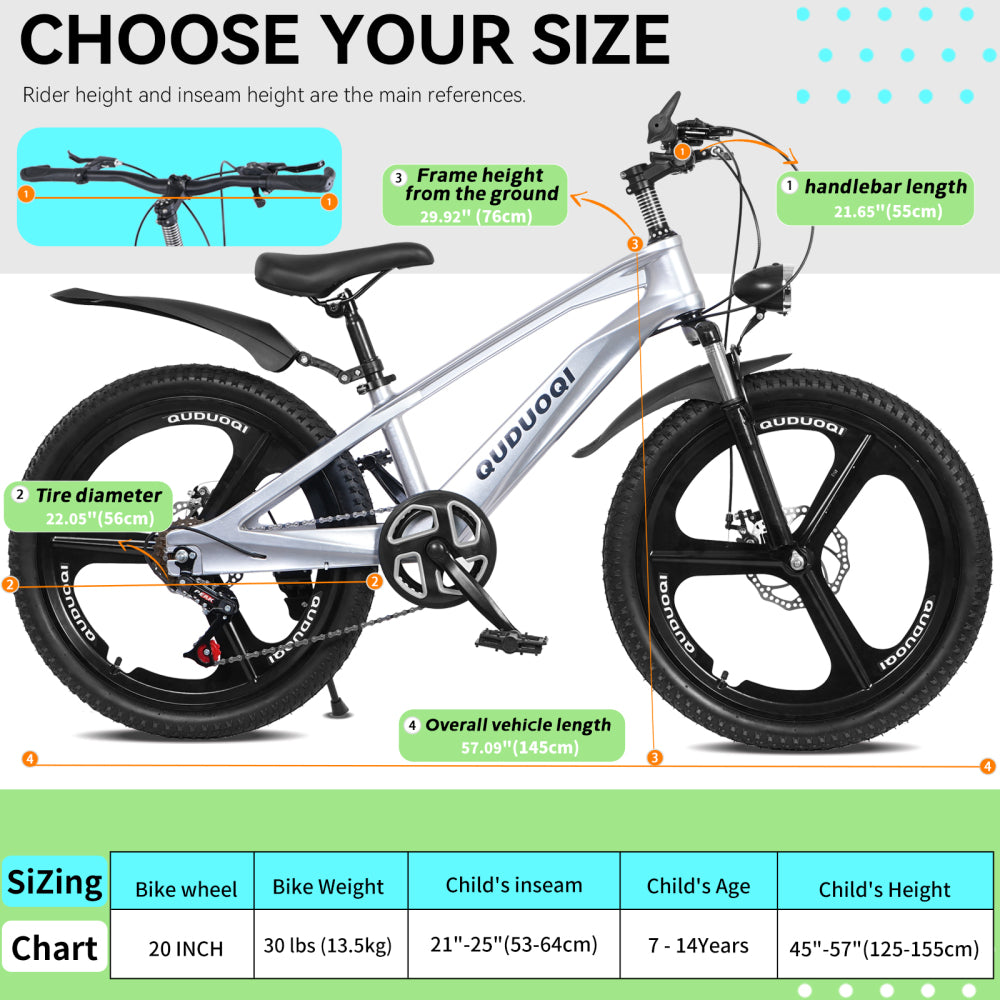 FKZNPJ 20-Inch Mountain Bicycle, 7-Speed Youth Bike Featuring a Magnesium Alloy Frame And One-Piece Wheels, Lightweight Bicycle for Boys And Girls