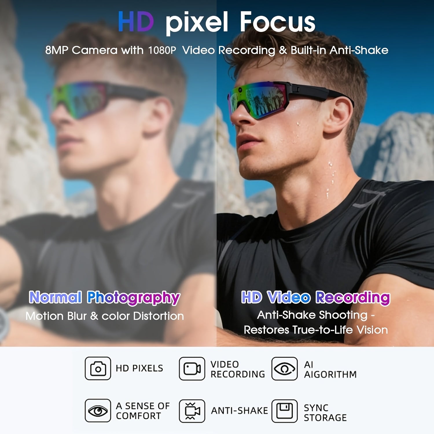 1 Camera Glasses for Men and Women | 8MP HD POV Photo\u002FVideo Recording with BT5.4, Built-in Storage, AI Smart Glasses for Sports, Baseball, |, TAC Lenses, TR Frame, Polarizer, Magnetic Charging