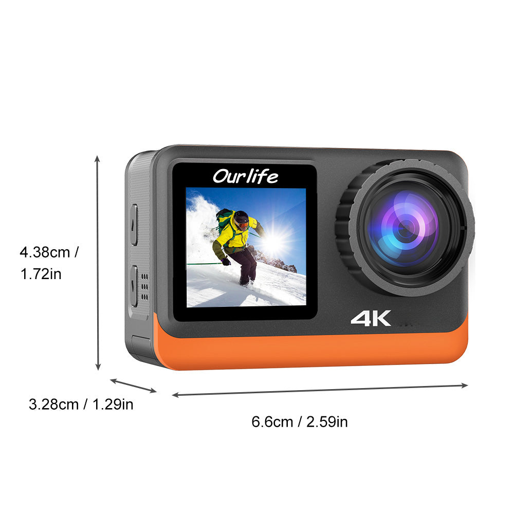 HD Action Camera 4K Ultra HD Camera, 170° Wide-Angle Lens, Dual Screens on Front And Back, 5K + 30 FPS + 24 MP + Image Stabilization, 4X Zoom, Auto Photo Capture, Burst Mode, And Timer Shooting. Ideal for Climbing And Biking, Without Battery