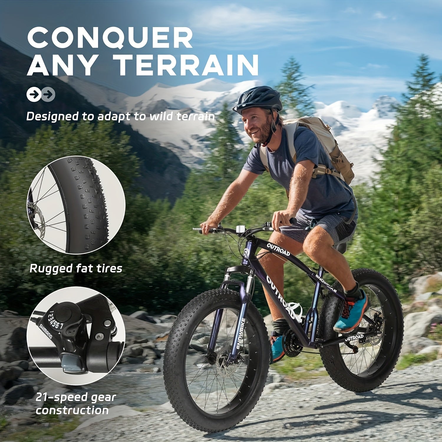 26-Inch Wheeled Fat Tire Mountain Bike Featuring a 21-Speed System, Constructed with a High Carbon Steel Frame, Equipped with Double Disc Brakes And Front Suspension for Enhanced Grip