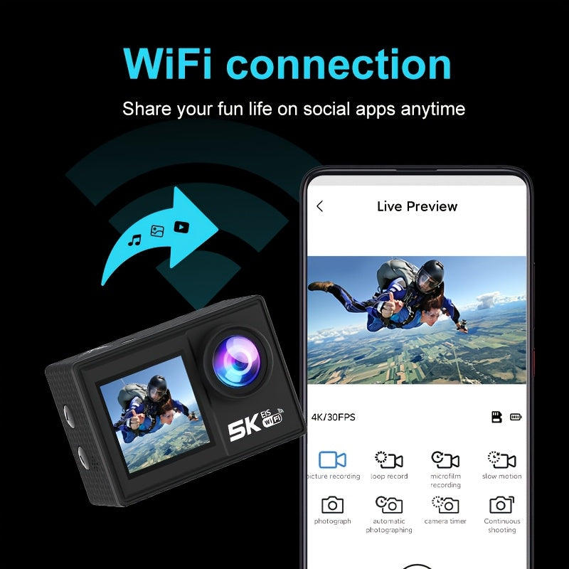 4K\u002F60FPS & 5K30FPS Action Camera with Dual Screen, High Quality Underwater Shooting, EIS Anti-Shake Stabilization, 170° Wide Angle, 5X Zoom, WiFi FPV for Helmet\u002FCamera, for bike\u002FVlogging\u002FTravel\u002FSurfing (-)