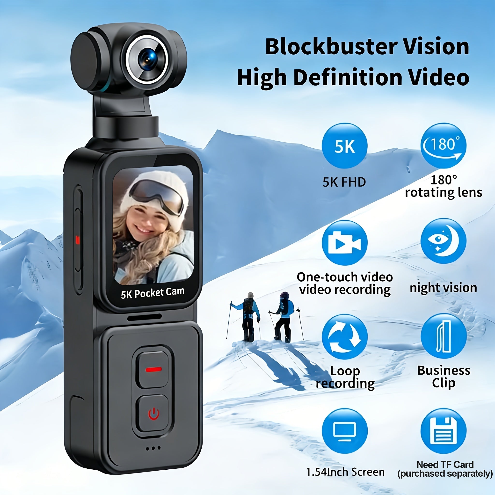 5K Ultra HD Handheld Sports Camera | 270° Flexible Tracking, Wide-Angle Lens, 1.69-Inch IPS Screen, Vertical And Horizontal Rotation, 100 Minutes of Battery Life, Includes 32G Memory Card | Ideal for Vlogging, Creative Shots, And Daily Recording