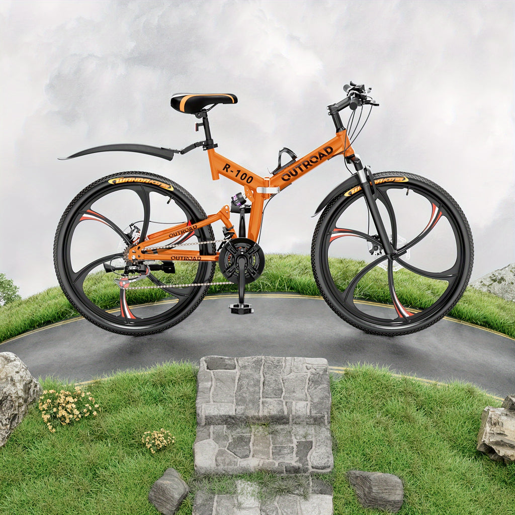 26 Inch Adult Folding Bikes\u002FMountain Bikes, 21 Speeds Mountain Bicycles with Full Suspension, Dual Disc Brake, High Carbon Steel Frame, Foldable Bike for Men\u002FWomen\u002FTeen (Black&Orange)