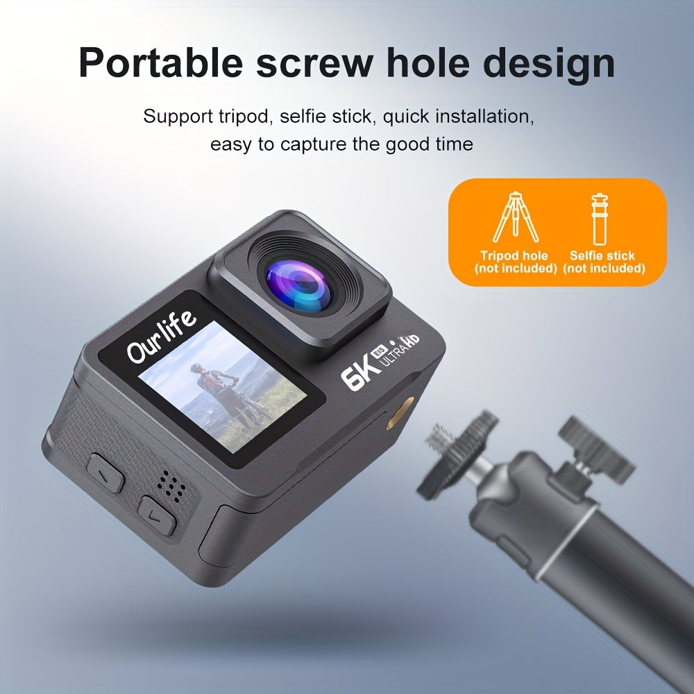 6K Action Camera OURLIFE 6K Sports Action Camera | Dual Touch Screens, 6-Axis Gyro Stabilization, 170° Wide Angle, Removable Control, 32GB Card & Accessories - Perfect for Travel, Vlogging, Recording - Ideal Christmas\u002FBirthday Gift (Black)