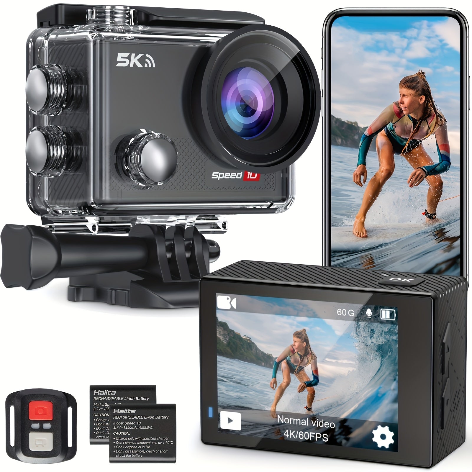 5K 30FPS Action Camera with EIS, Sports Camera, Includes 2 Batteries And a Remote Control, Black. Pre-Recording Wifi Camera with a 170° Field of View, Remote-Controlled Sports Cameras with Helmet Mount Accessory Kits