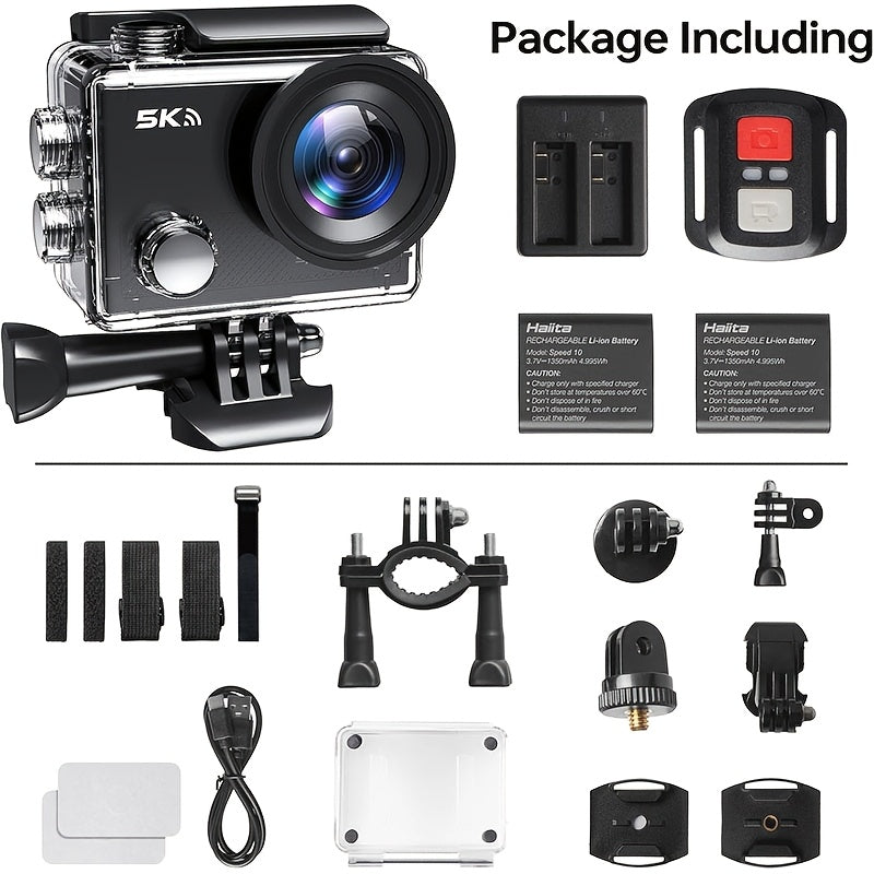 5K 30FPS Action Camera with EIS, Sports Camera, Includes 2 Batteries And a Remote Control, Black. Pre-Recording Wifi Camera with a 170° Field of View, Remote-Controlled Sports Cameras with Helmet Mount Accessory Kits