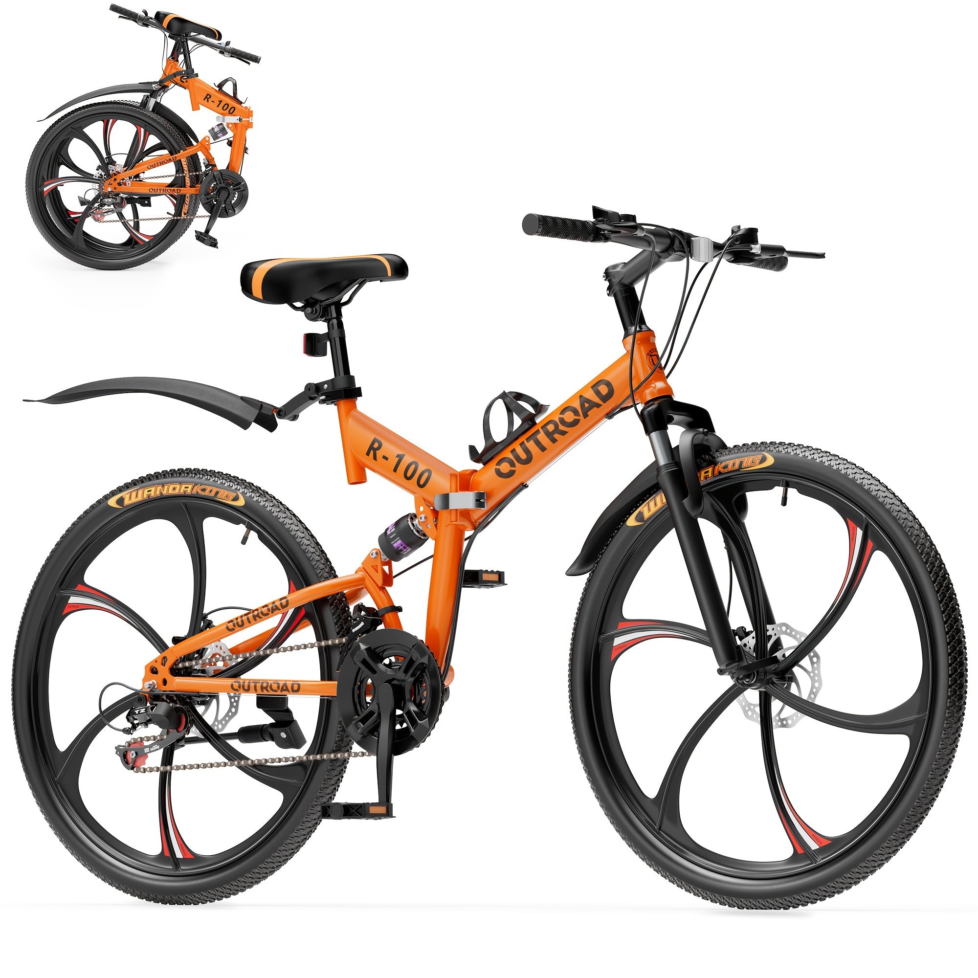 26 Inch Adult Folding Bikes\u002FMountain Bikes, 21 Speeds Mountain Bicycles with Full Suspension, Dual Disc Brake, High Carbon Steel Frame, Foldable Bike for Men\u002FWomen\u002FTeen (Black&Orange)