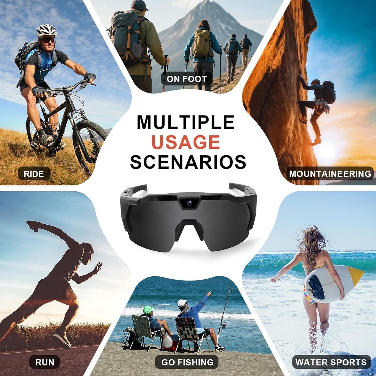 Extreme Sports Smart Glasses, Hands-Free POV Recording Sunglasses for Outdoor Sports Hiking Cycling Camping 64GB 4K HD with Storage Case
