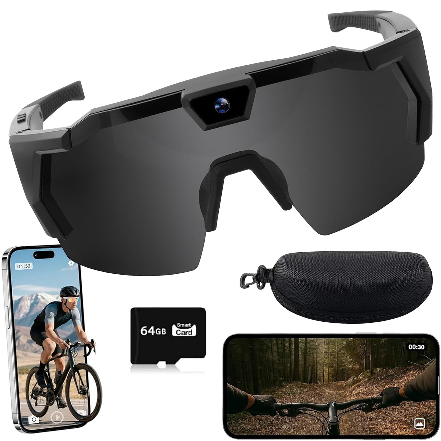 Extreme Sports Smart Glasses, Hands-Free POV Recording Sunglasses for Outdoor Sports Hiking Cycling Camping 64GB 4K HD with Storage Case