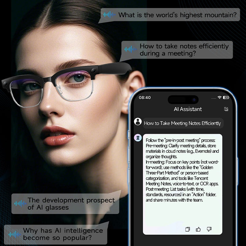Brand New Half-rim Design - Bestselling AI Smart Glasses - Featuring Real-time Translation And Object Recognition, Open-back Design, Ultra-lightweight, Suitable for Outdoor Work, Travel, Business Use, Long Battery Life, Camping And Outdoor