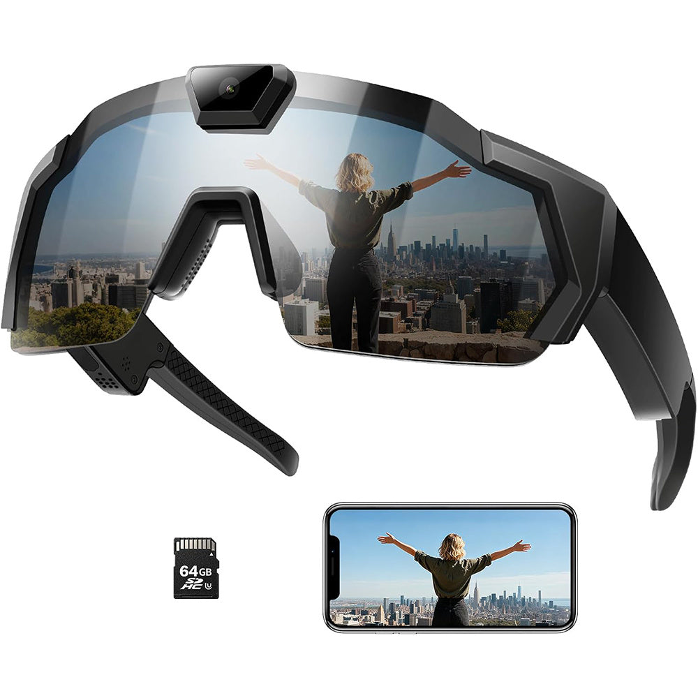 Smart Camera Glasses for Action Sports, HD Video Recording Glasses with 64GB Memory, Action Audio Camera Sunglasses for Men Women Outdoor (Black)