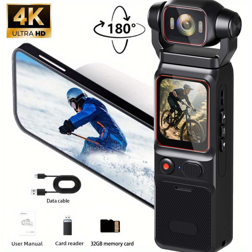 Portable HD Action Camera Extended Battery Life Vlogging Camera 180° Rotatable Lens Gyro Stabilizer Anti-Shake Ultimate Hand Feel Slow Motion Loop Recording