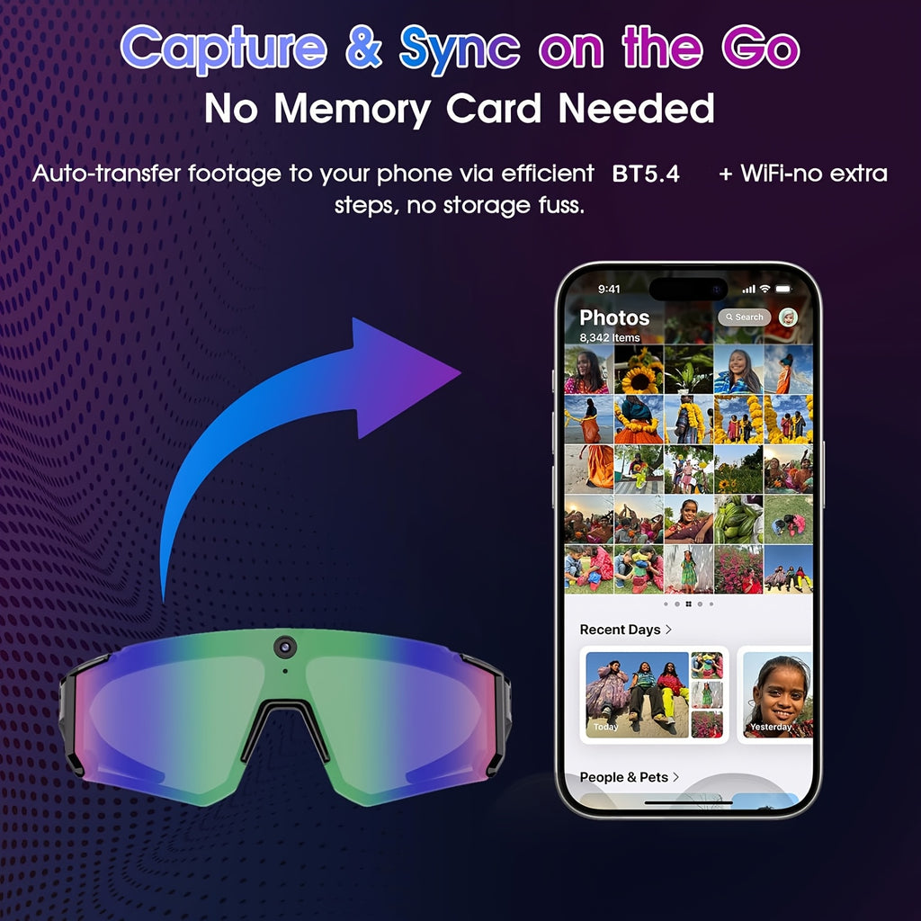 1 Camera Glasses for Men and Women | 8MP HD POV Photo\u002FVideo Recording with BT5.4, Built-in Storage, AI Smart Glasses for Sports, Baseball, |, TAC Lenses, TR Frame, Polarizer, Magnetic Charging