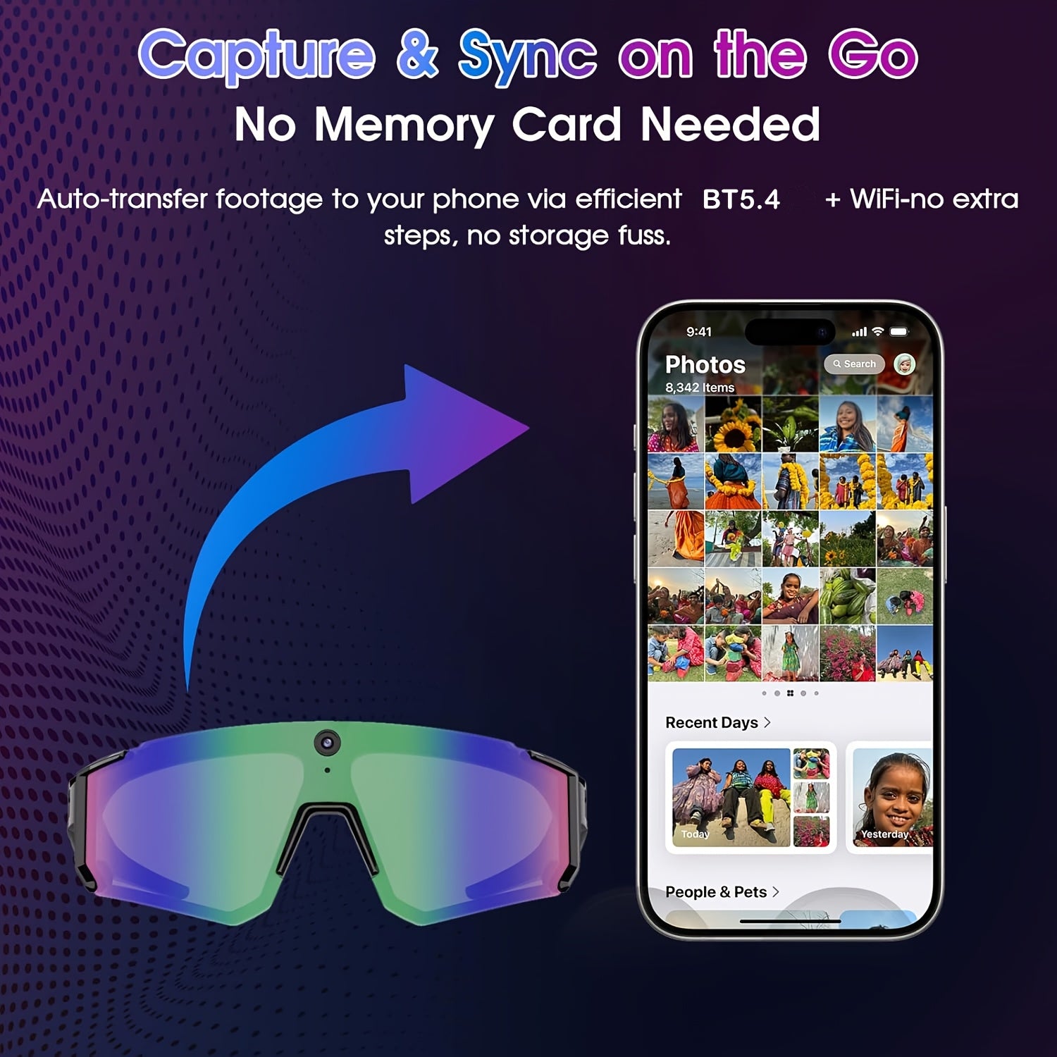 1 Camera Glasses for Men and Women | 8MP HD POV Photo\u002FVideo Recording with BT5.4, Built-in Storage, AI Smart Glasses for Sports, Baseball, |, TAC Lenses, TR Frame, Polarizer, Magnetic Charging
