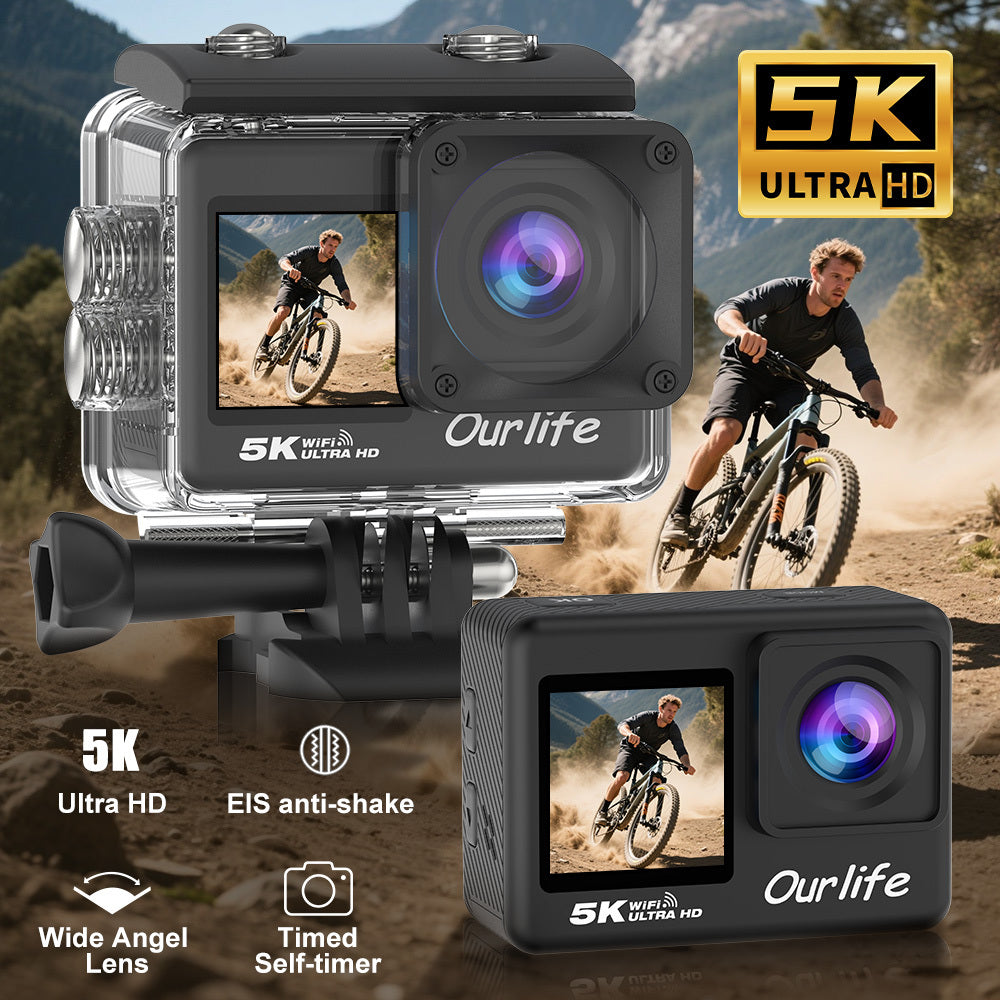 5K HD Dual-Lens Action Camera Featuring Front And Rear Recording with Anti-Shake Technology, Ideal for Motorcycle Riding, Equipped with a Large Touchscreen for Enhanced Video Clarity - an Excellent Gift for Capturing Videos And Images