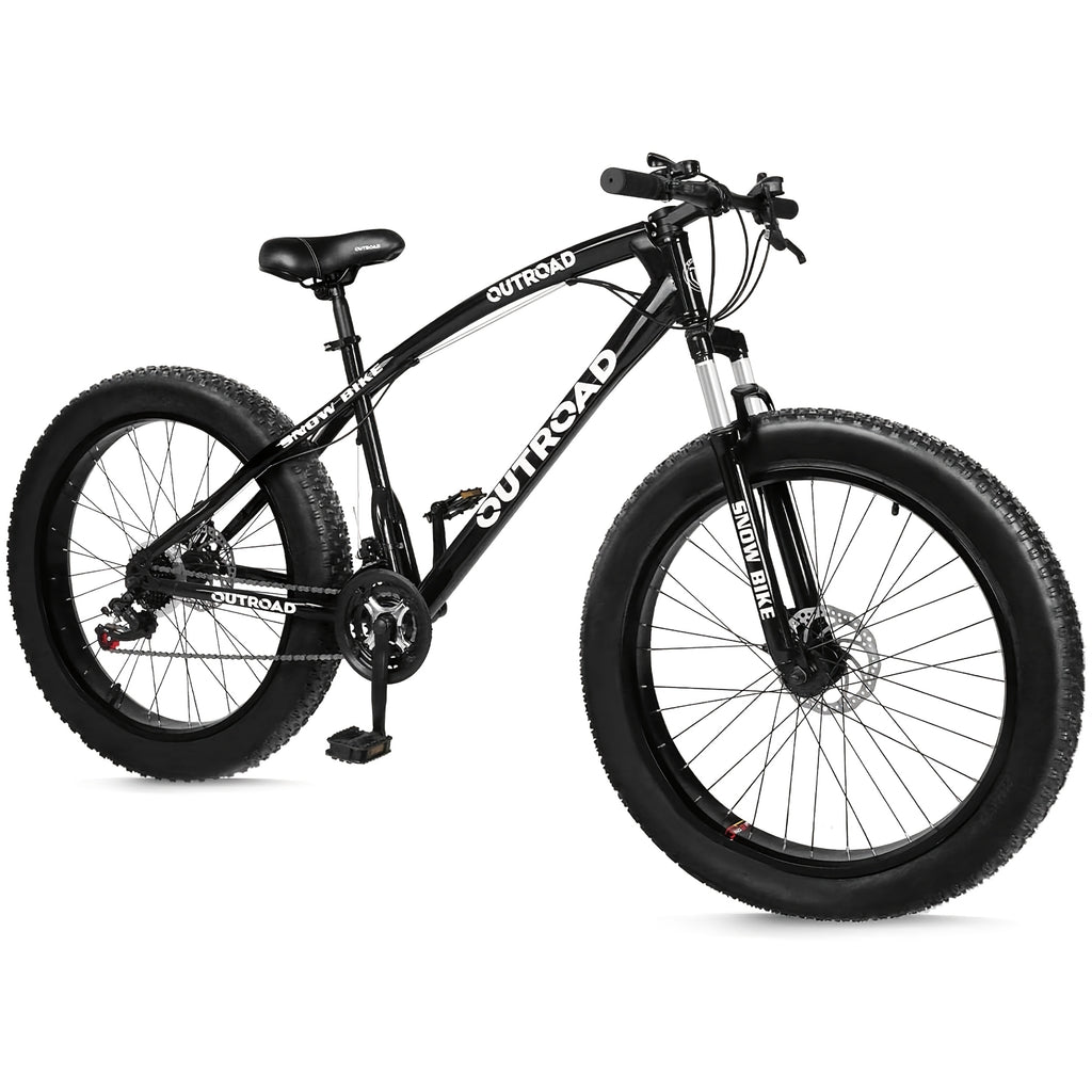 26-Inch Wheeled Fat Tire Mountain Bike Featuring a 21-Speed System, Constructed with a High Carbon Steel Frame, Equipped with Double Disc Brakes And Front Suspension for Enhanced Grip