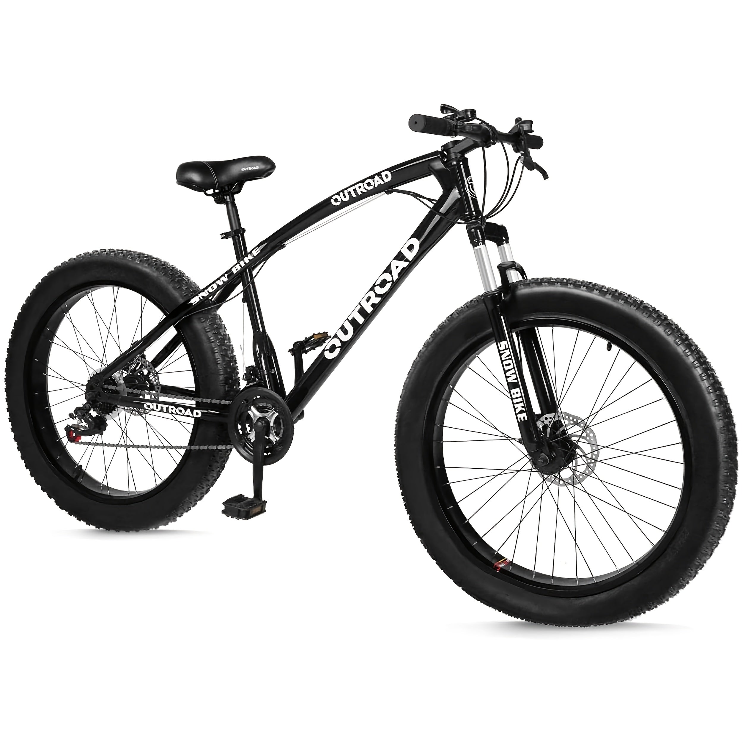 26-Inch Wheeled Fat Tire Mountain Bike Featuring a 21-Speed System, Constructed with a High Carbon Steel Frame, Equipped with Double Disc Brakes And Front Suspension for Enhanced Grip