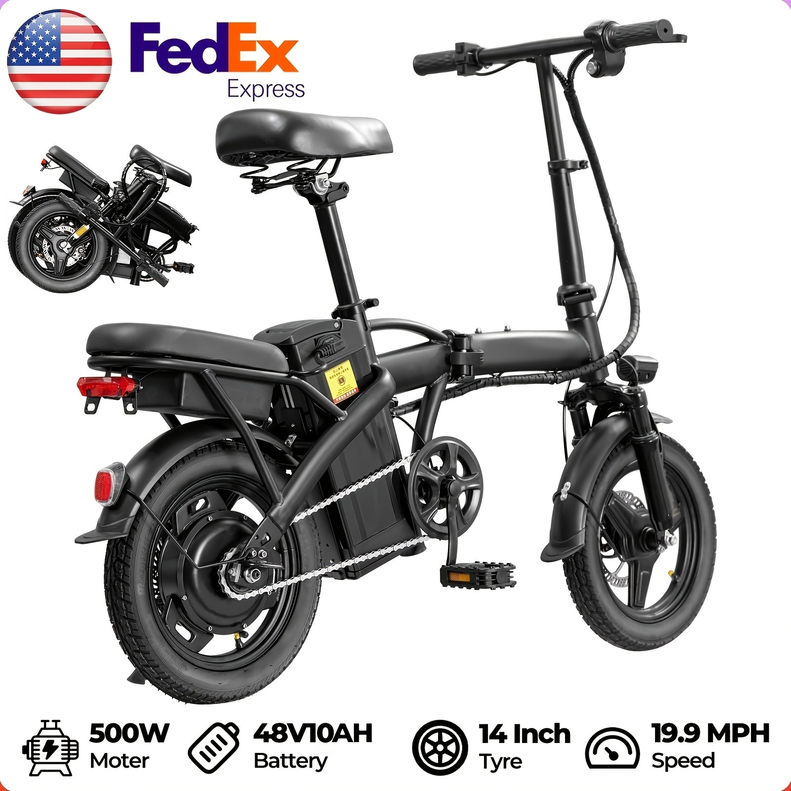 High-Performance Adult Electric Bicycle, Portable Design with a Foldable Feature, Equipped with a 500W Motor And a 48V 10Ah Battery, Reaching Speeds of 19.9 Miles Per Hour, Dual Disc Brakes, And a 14-Inch Electric Bike with Pedals