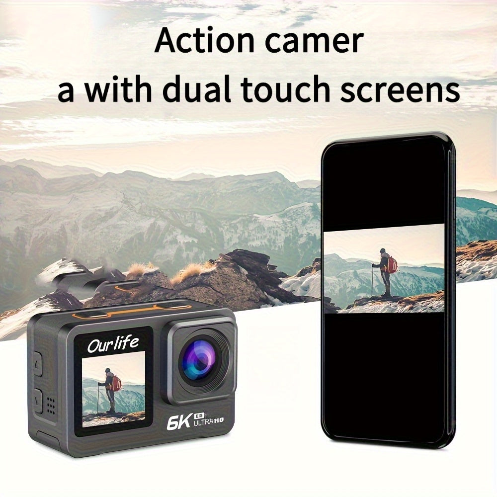 6K Action Camera OURLIFE 6K Sports Action Camera | Dual Touch Screens, 6-Axis Gyro Stabilization, 170° Wide Angle, Removable Control, 32GB Card & Accessories - Perfect for Travel, Vlogging, Recording - Ideal Christmas\u002FBirthday Gift (Black)