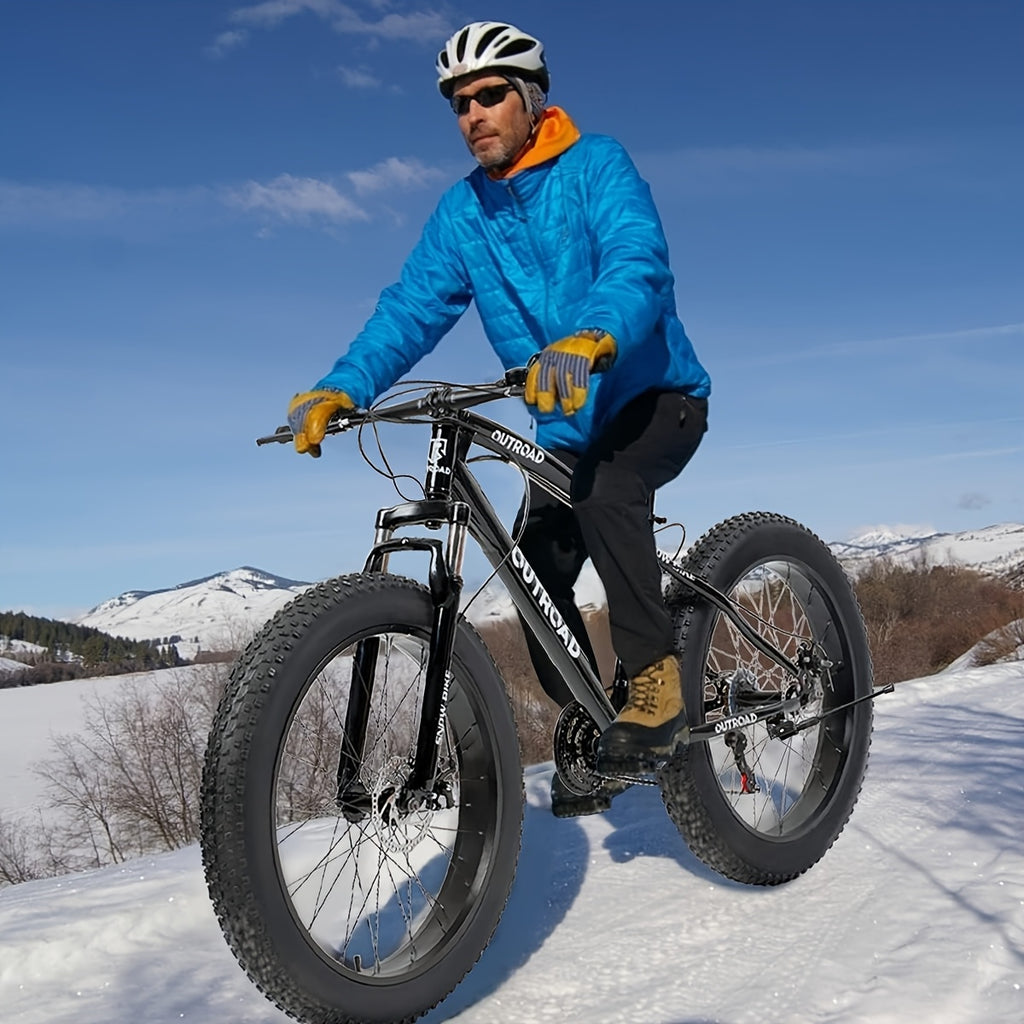 26-Inch Wheeled Fat Tire Mountain Bike Featuring a 21-Speed System, Constructed with a High Carbon Steel Frame, Equipped with Double Disc Brakes And Front Suspension for Enhanced Grip