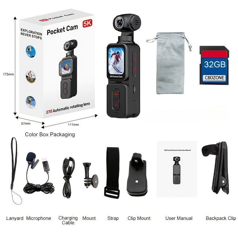 5K Ultra HD Handheld Sports Camera | 270° Flexible Tracking, Wide-Angle Lens, 1.69-Inch IPS Screen, Vertical And Horizontal Rotation, 100 Minutes of Battery Life, Includes 32G Memory Card | Ideal for Vlogging, Creative Shots, And Daily Recording