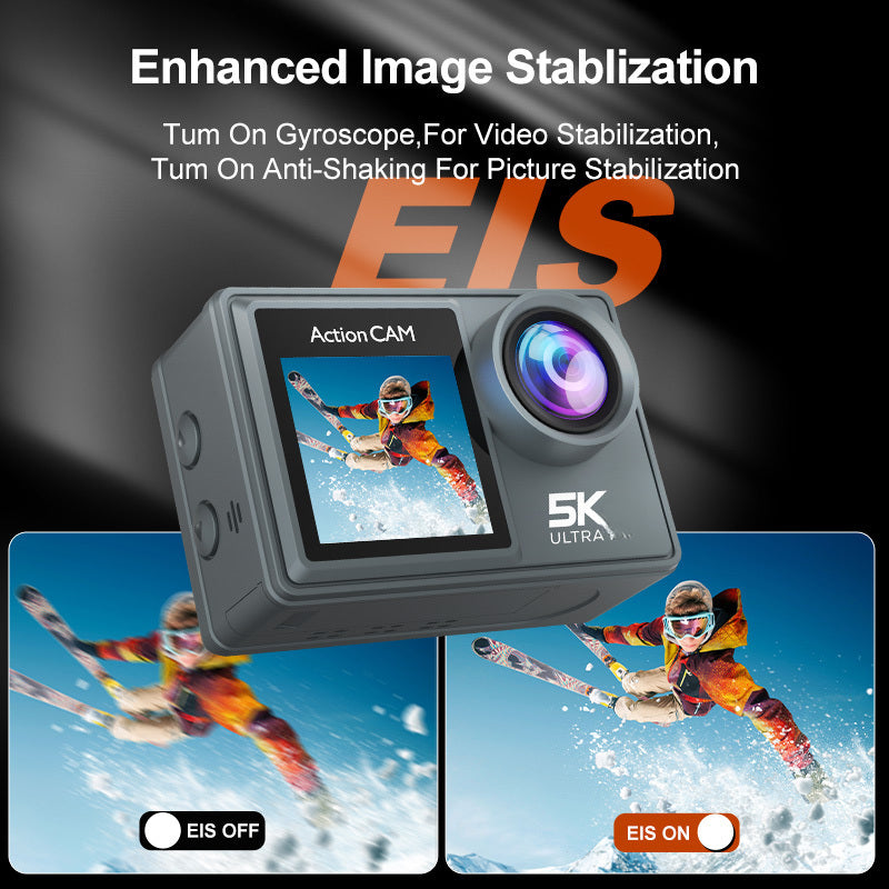 This Is a 5K Ultra HD Action Camera Featuring a 170° Wide-Angle Lens, Dual Screens on The Front And Back, Capable of Capturing 5K Video at 30 Frames Per Second, with 24 Megapixels, Image Stabilization, 4X Zoom, Automatic Photo Capture
