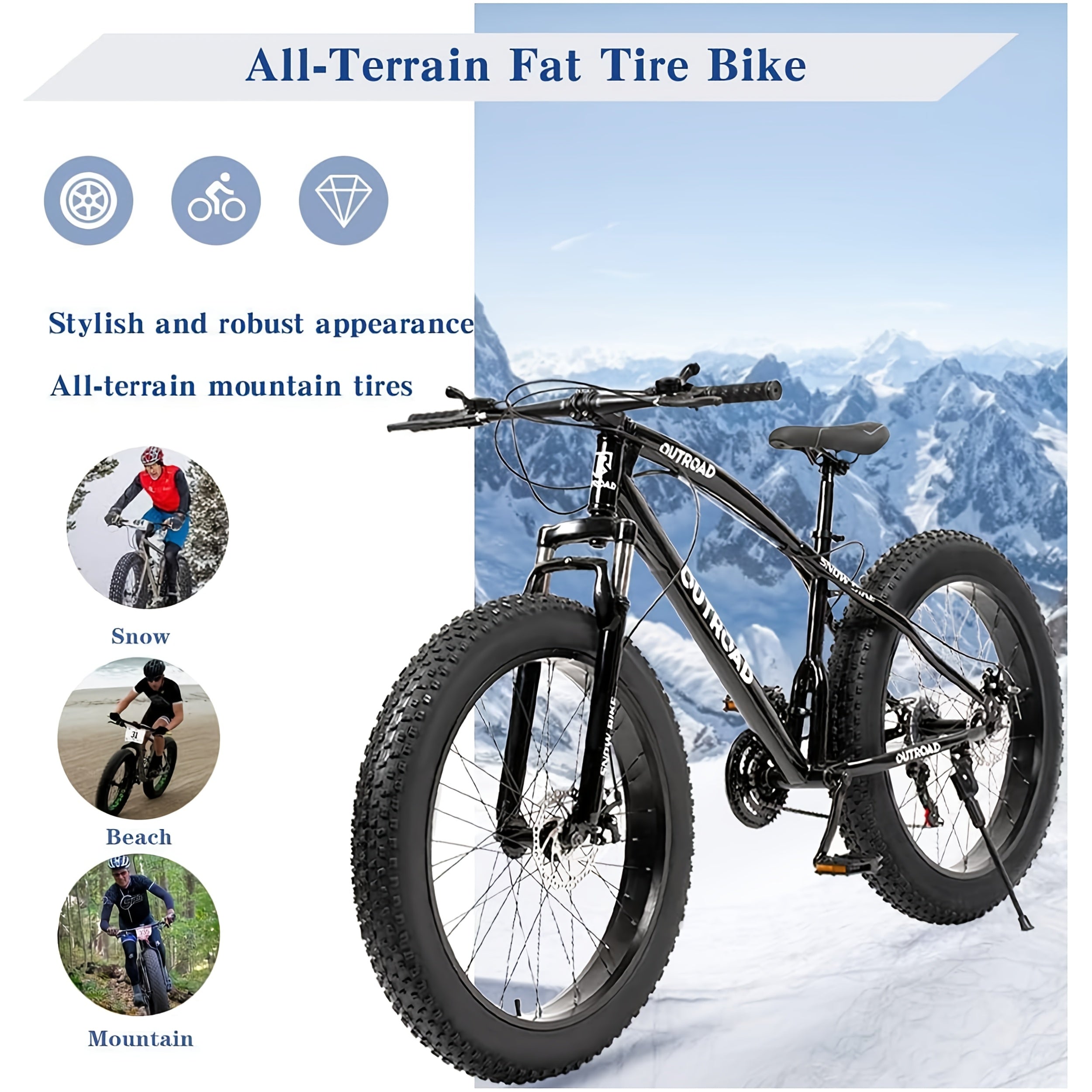 26-Inch Wheeled Fat Tire Mountain Bike Featuring a 21-Speed System, Constructed with a High Carbon Steel Frame, Equipped with Double Disc Brakes And Front Suspension for Enhanced Grip
