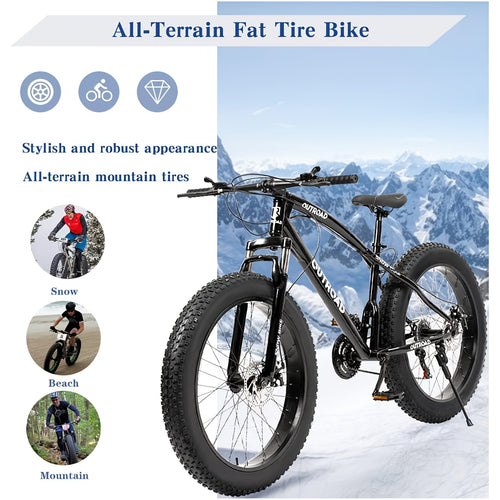26-Inch Wheeled Fat Tire Mountain Bike Featuring a 21-Speed System, Constructed with a High Carbon Steel Frame, Equipped with Double Disc Brakes And Front Suspension for Enhanced Grip