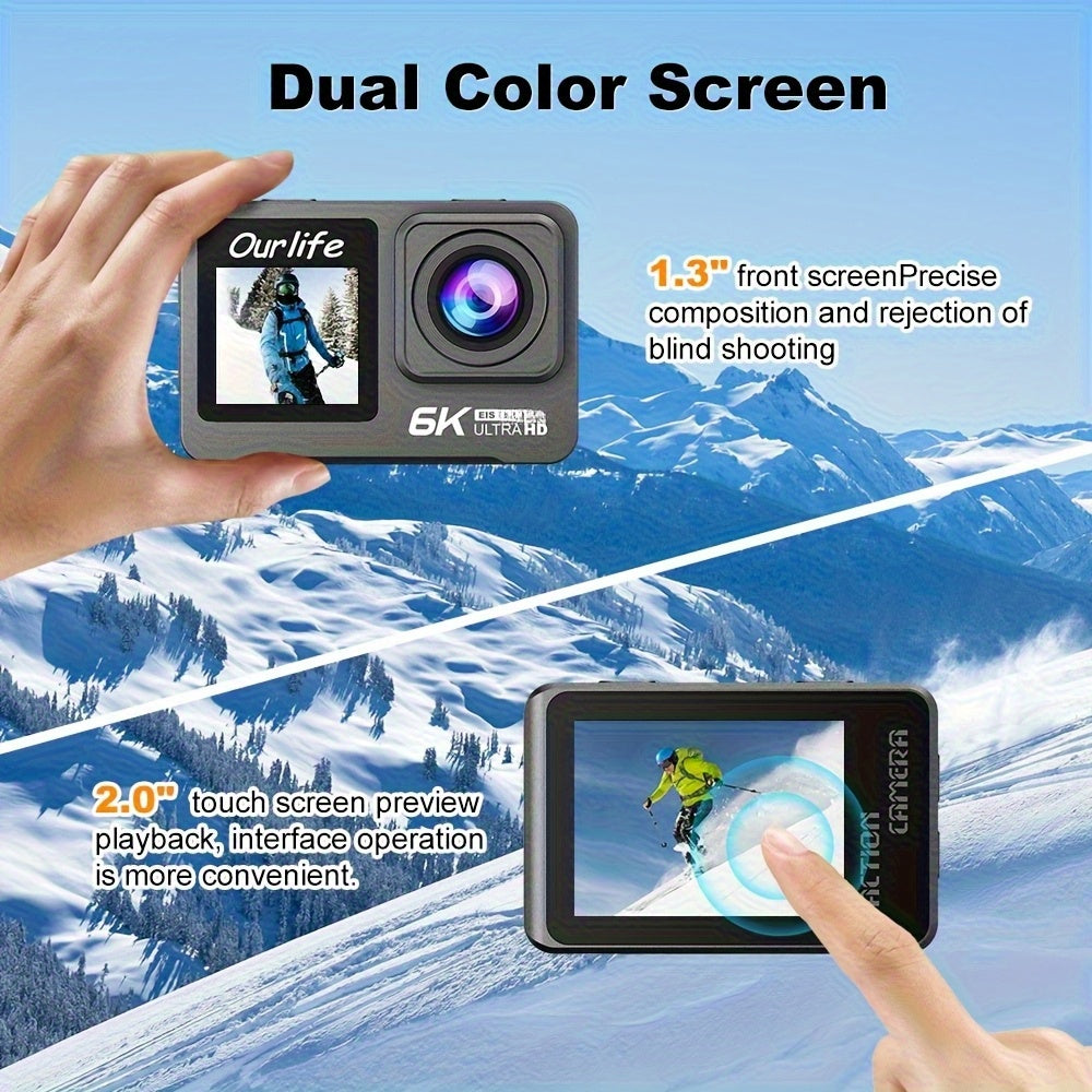 6K Action Camera OURLIFE 6K Sports Action Camera | Dual Touch Screens, 6-Axis Gyro Stabilization, 170° Wide Angle, Removable Control, 32GB Card & Accessories - Perfect for Travel, Vlogging, Recording - Ideal Christmas\u002FBirthday Gift (Black)