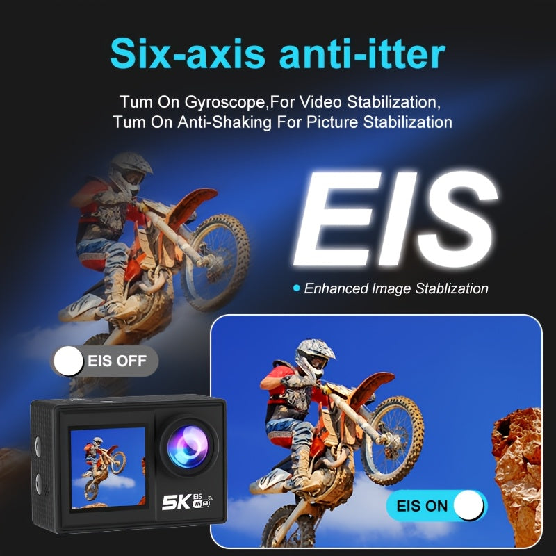 4K\u002F60FPS & 5K30FPS Action Camera with Dual Screen, High Quality Underwater Shooting, EIS Anti-Shake Stabilization, 170° Wide Angle, 5X Zoom, WiFi FPV for Helmet\u002FCamera, for bike\u002FVlogging\u002FTravel\u002FSurfing (-)
