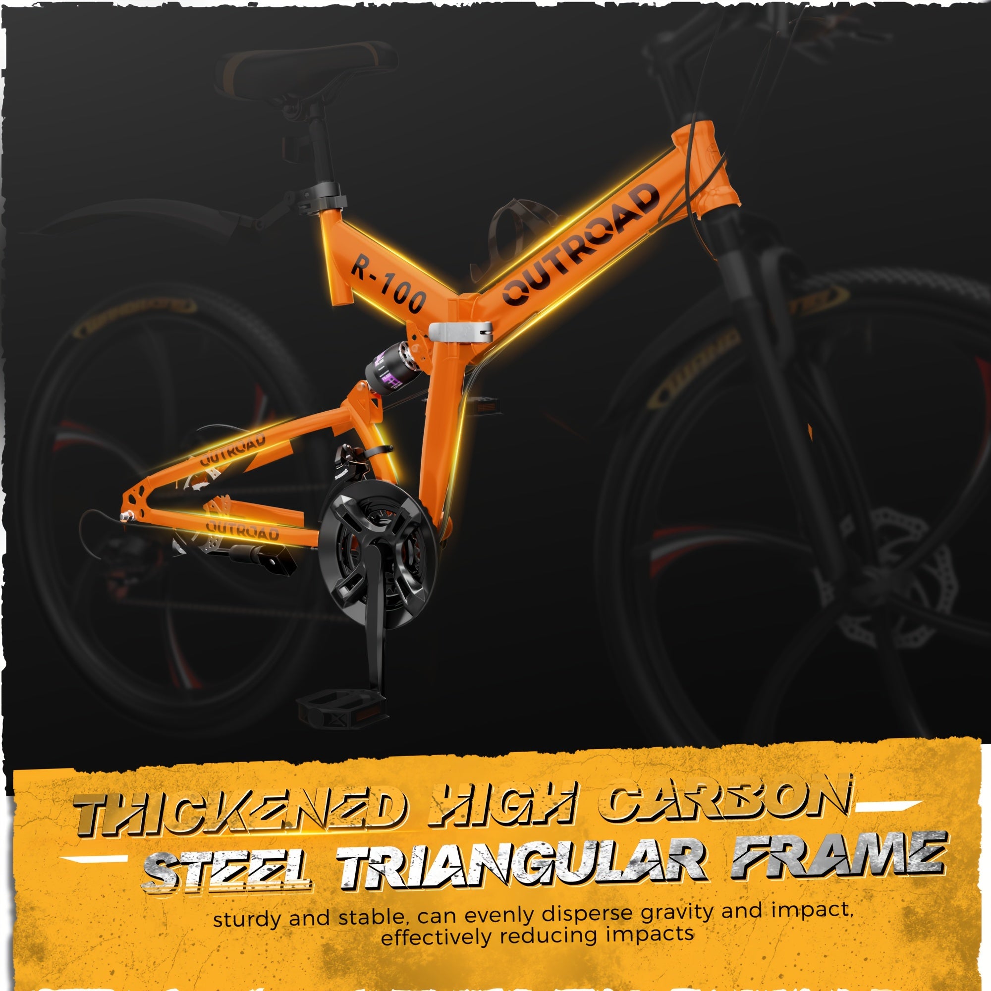 26 Inch Adult Folding Bikes\u002FMountain Bikes, 21 Speeds Mountain Bicycles with Full Suspension, Dual Disc Brake, High Carbon Steel Frame, Foldable Bike for Men\u002FWomen\u002FTeen (Black&Orange)