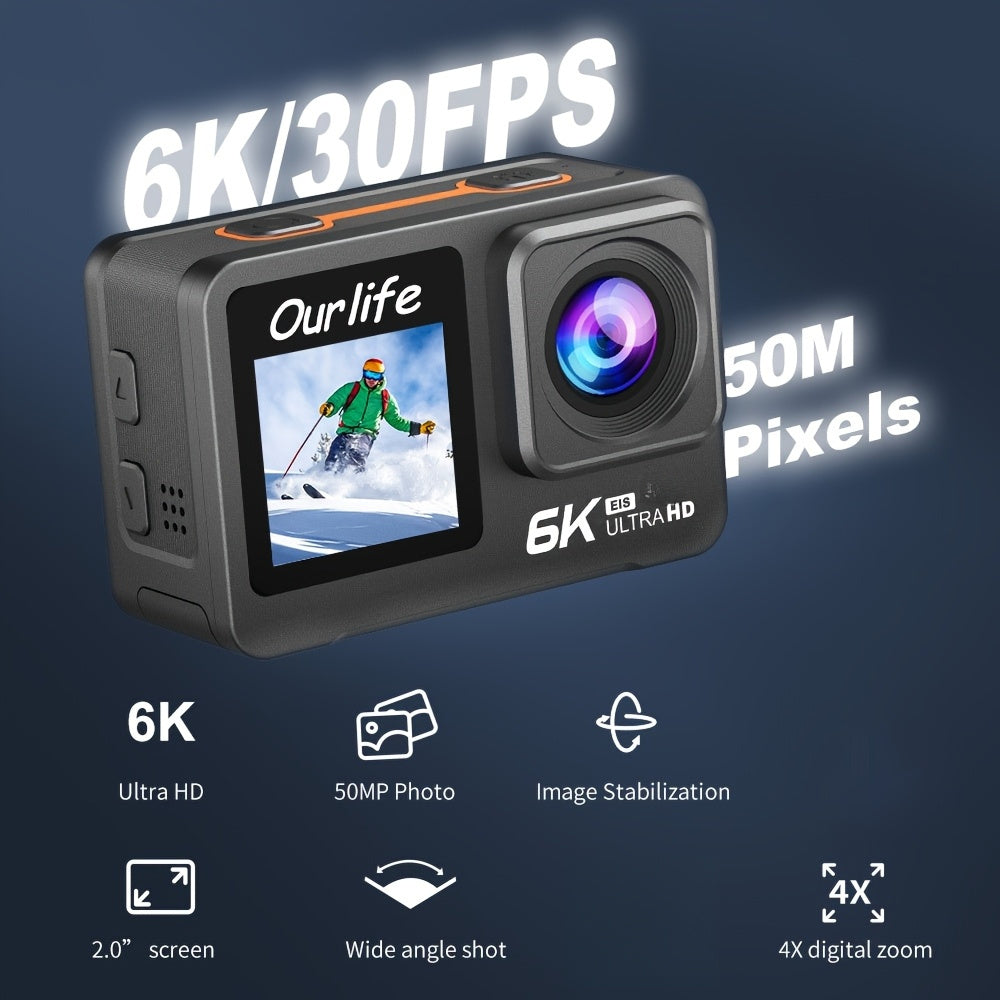 6K Action Camera OURLIFE 6K Sports Action Camera | Dual Touch Screens, 6-Axis Gyro Stabilization, 170° Wide Angle, Removable Control, 32GB Card & Accessories - Perfect for Travel, Vlogging, Recording - Ideal Christmas\u002FBirthday Gift (Black)