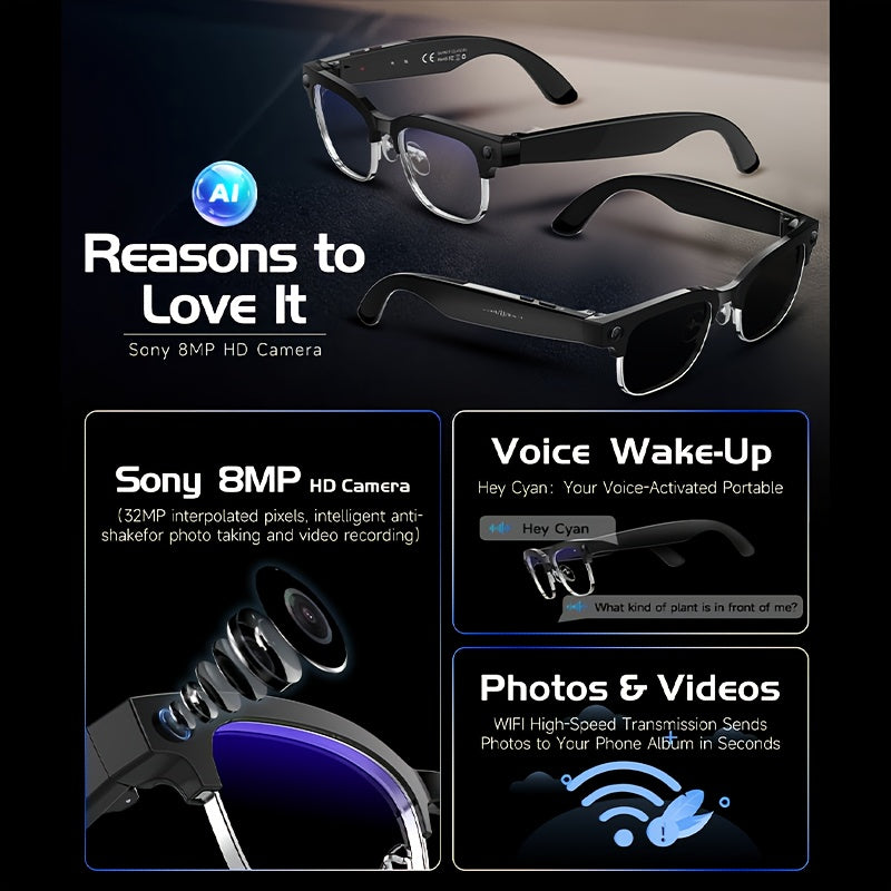 Brand New Half-rim Design - Bestselling AI Smart Glasses - Featuring Real-time Translation And Object Recognition, Open-back Design, Ultra-lightweight, Suitable for Outdoor Work, Travel, Business Use, Long Battery Life, Camping And Outdoor