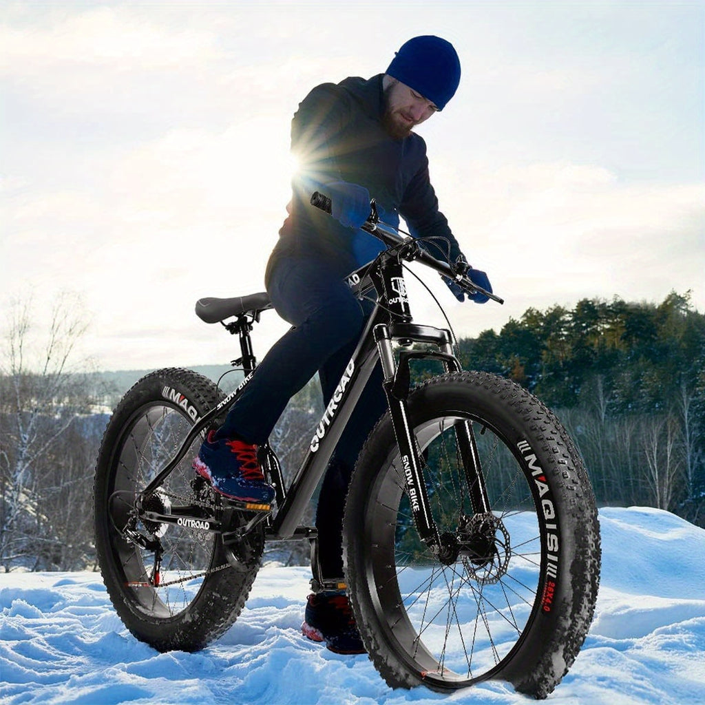 26-Inch Wheeled Fat Tire Mountain Bike Featuring a 21-Speed System, Constructed with a High Carbon Steel Frame, Equipped with Double Disc Brakes And Front Suspension for Enhanced Grip