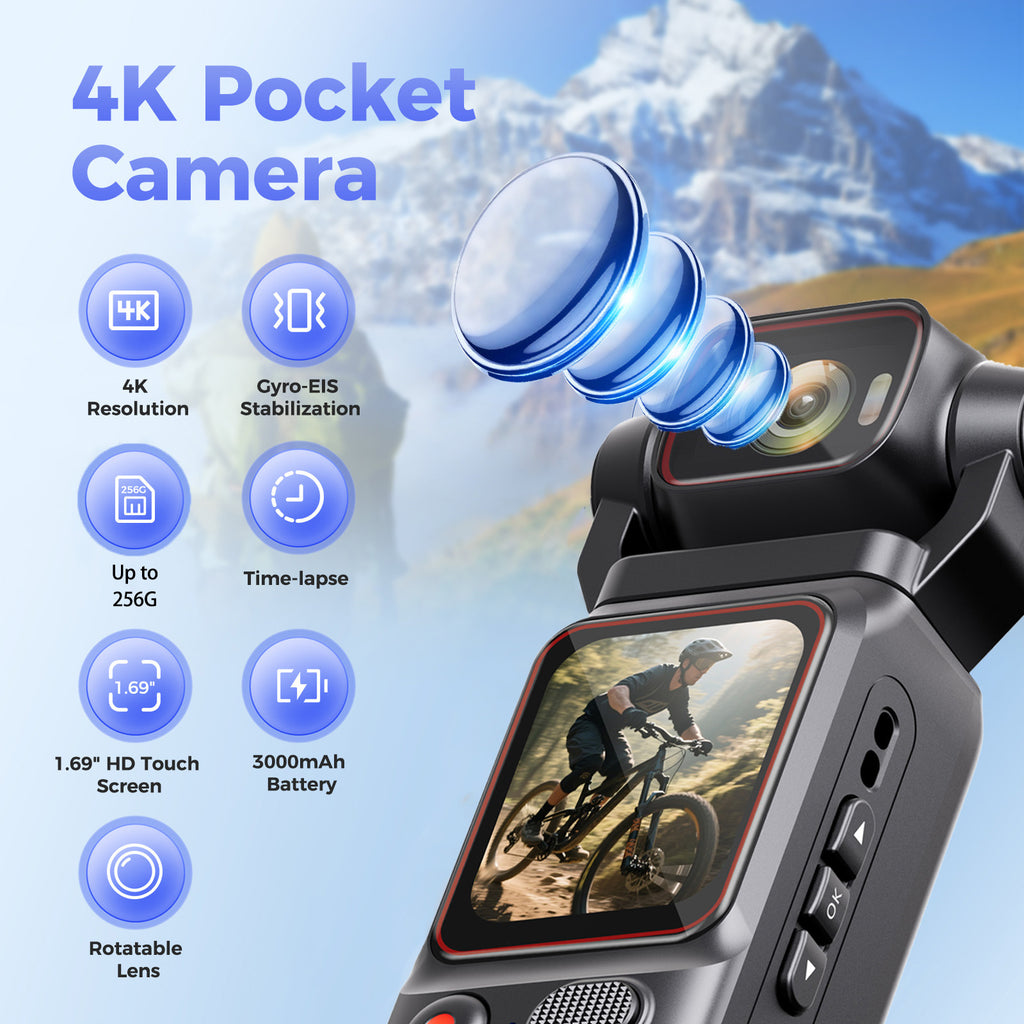 Portable HD Action Camera Extended Battery Life Vlogging Camera 180° Rotatable Lens Gyro Stabilizer Anti-Shake Ultimate Hand Feel Slow Motion Loop Recording