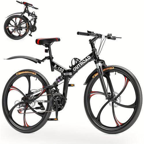 26 Inch Adult Folding Bikes\u002FMountain Bikes, 21 Speeds Mountain Bicycles with Full Suspension, Dual Disc Brake, High Carbon Steel Frame, Foldable Bike for Men\u002FWomen\u002FTeen (Black&Orange)