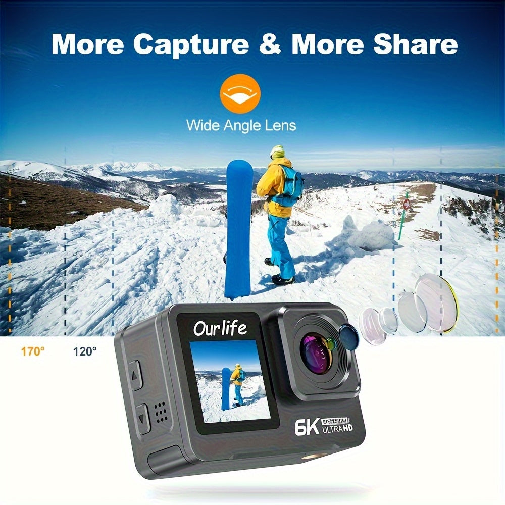 6K Action Camera OURLIFE 6K Sports Action Camera | Dual Touch Screens, 6-Axis Gyro Stabilization, 170° Wide Angle, Removable Control, 32GB Card & Accessories - Perfect for Travel, Vlogging, Recording - Ideal Christmas\u002FBirthday Gift (Black)